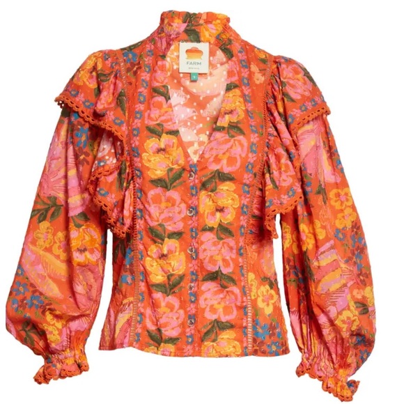 Farm Rio Bananas Ruffle Clip Dot Textured Cotton Blouse RED Puff Sleeve XS - Picture 2 of 7